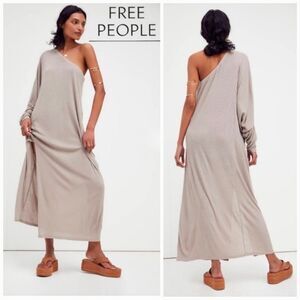 Free People FP Beach Kara Ribbed One Shoulder Side Slit Midi Dress in Taupe S